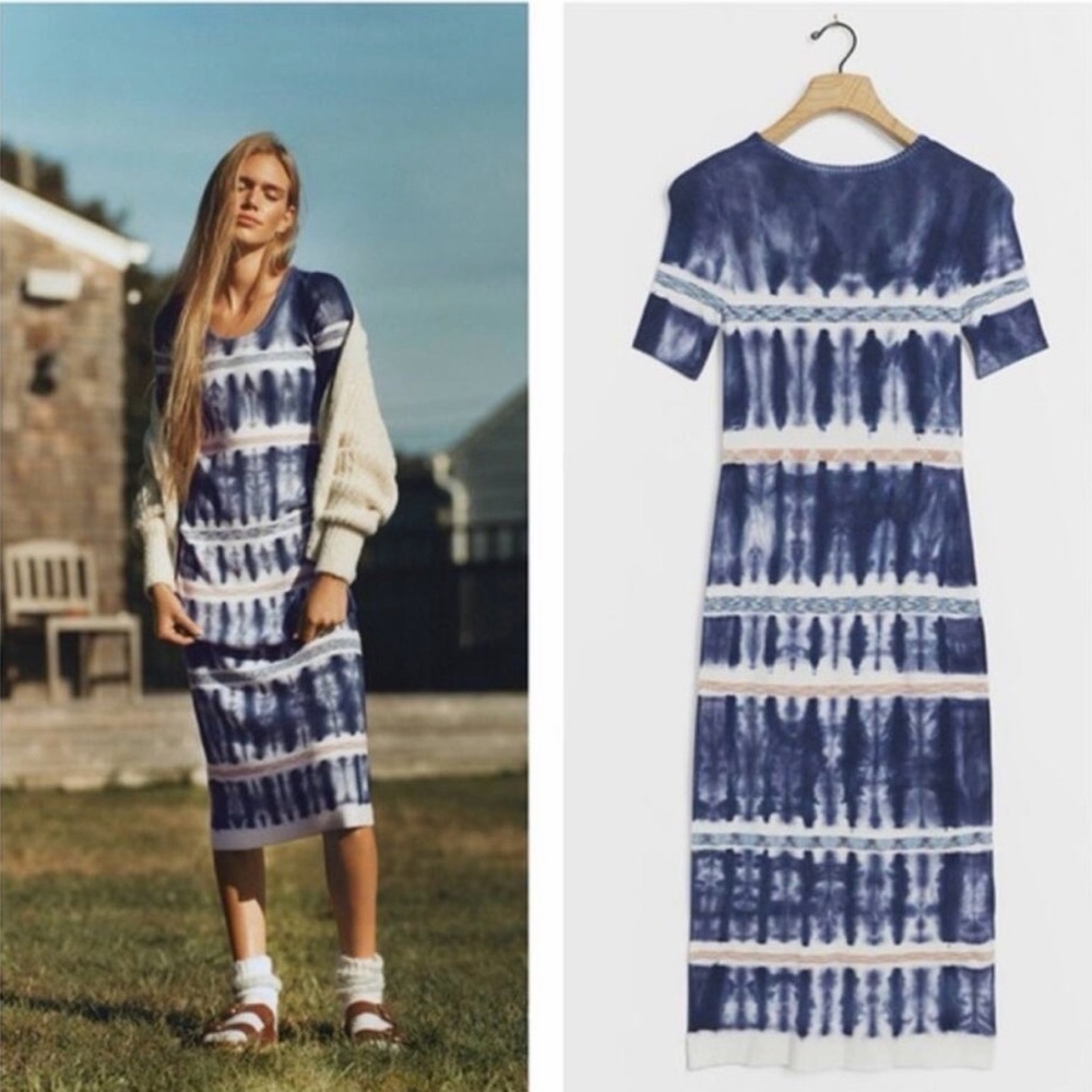 Anthropologie Navy and White Tie-Dye Short Sleeve Maxi Dress